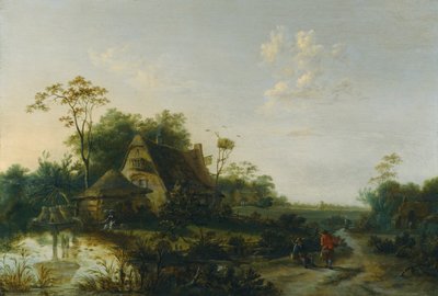 Paesaggio con figure che passano vicino a un cottage e uno stagno da Cornelis Snellinck